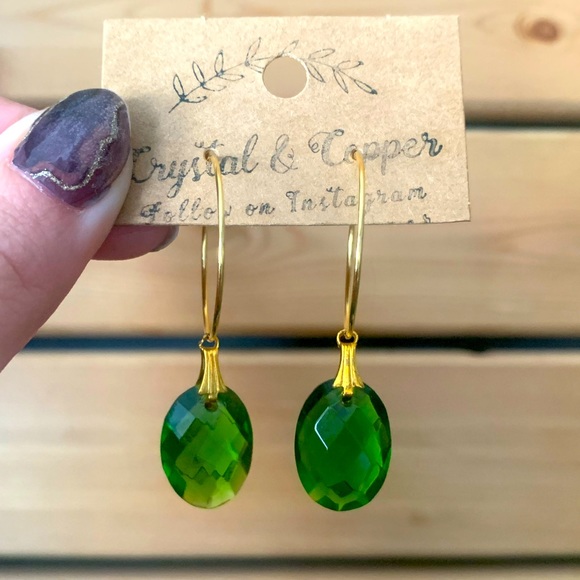 Hand Crafted Jewelry - Peridot Dangle Hoops-Gold Plated/NWT